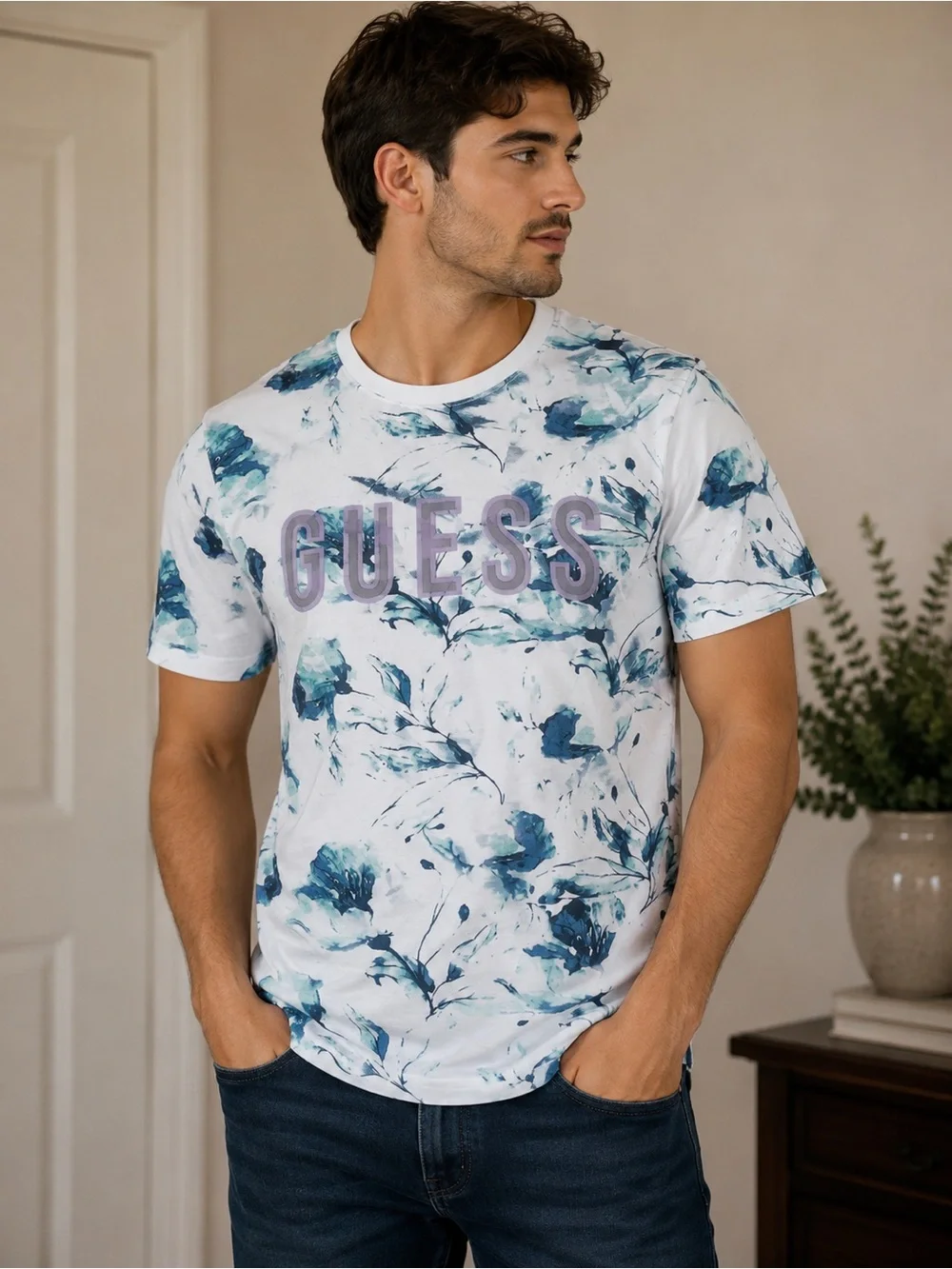 GUESS Men’s White Tee with Blue Floral Print and Lavender Logo - Picture 2 of 3